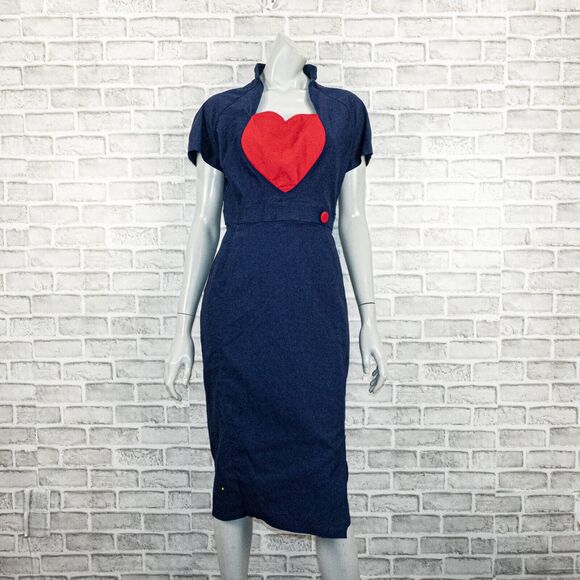Pinup Couture Women's 50s Veronica Dress in Navy with red heard size XL - Picture 2 of 12